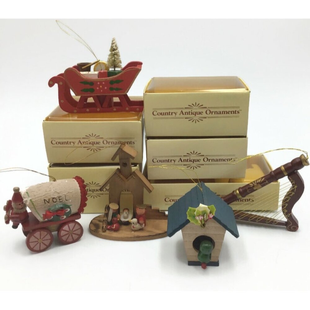 Russ Country Antique Wooden Ornament Set of 5 w/ Boxes